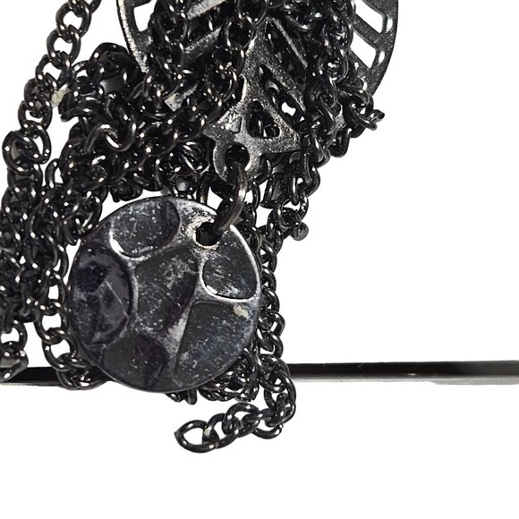 Black Metal Statement Chain Link Necklace Tassel Disk Charms Gothic Fashion - Picture 6 of 8